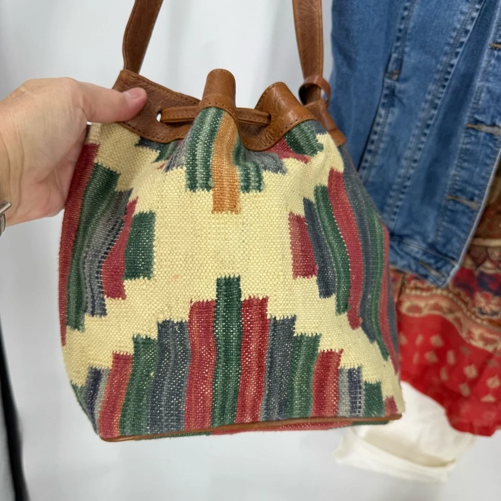 Vintage embossed, leather strap /trim, bohemian Multicolor Patterned Bucket Bag